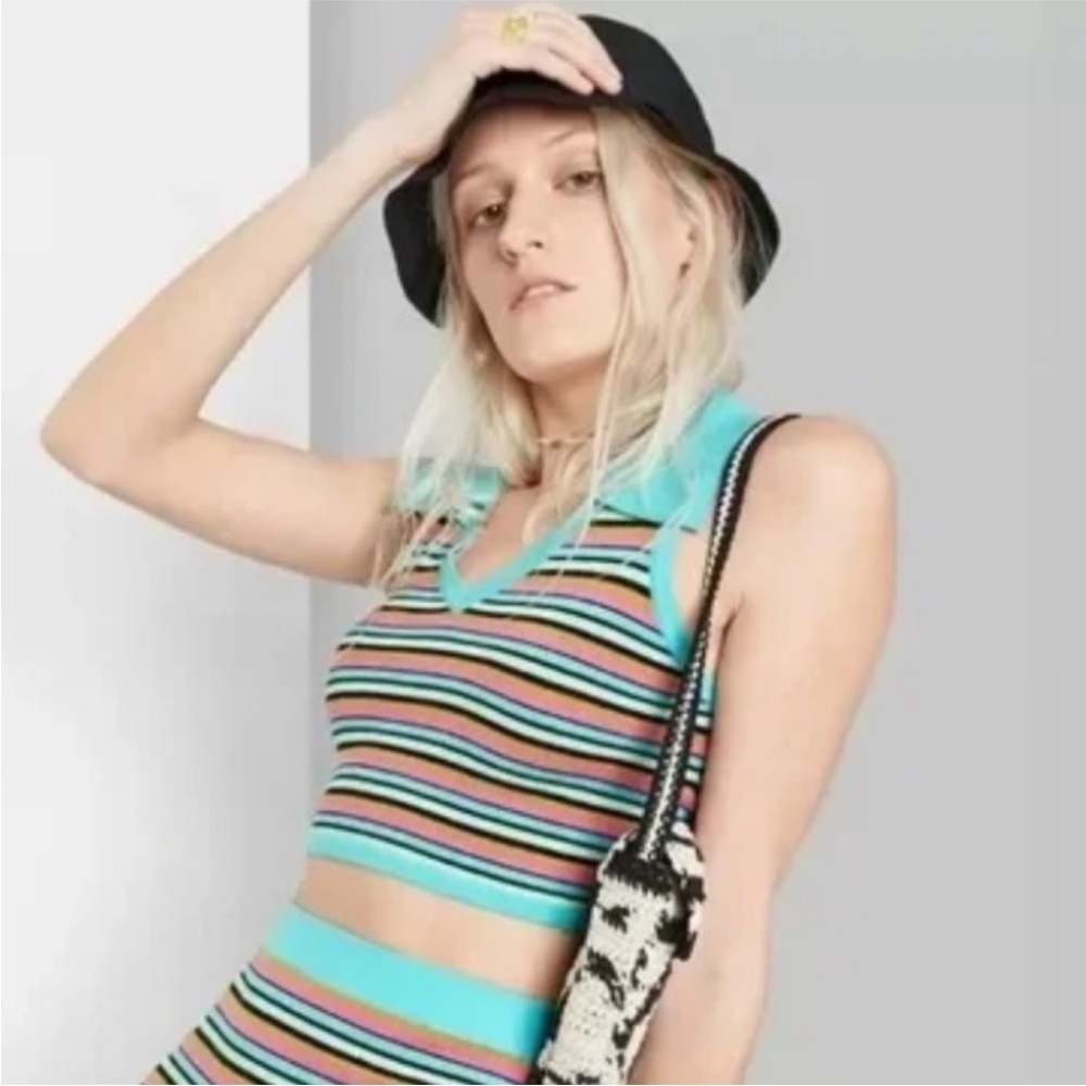 Wild Fable Multi Color Stripe Jacquard Cropped Polo Sweater Top Size S